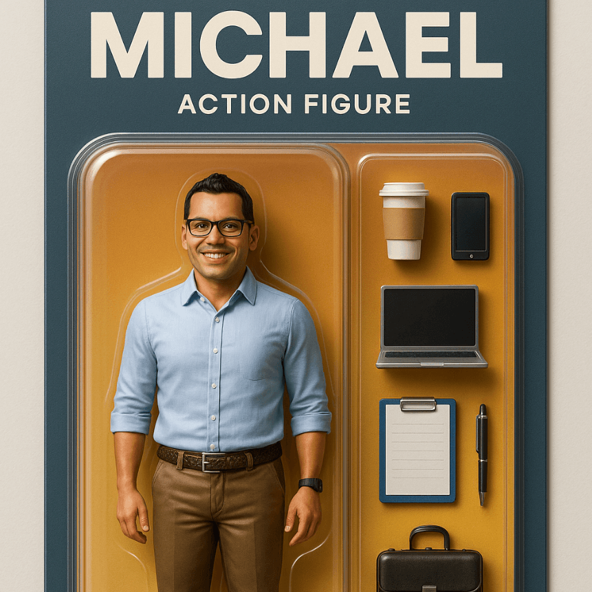 A cartoon-style image generated by Xole AI Cartoon Generator, featuring a character named "Michael" as an action figure packaged with accessories like a coffee cup, laptop, smartphone, clipboard, pen, and briefcase.