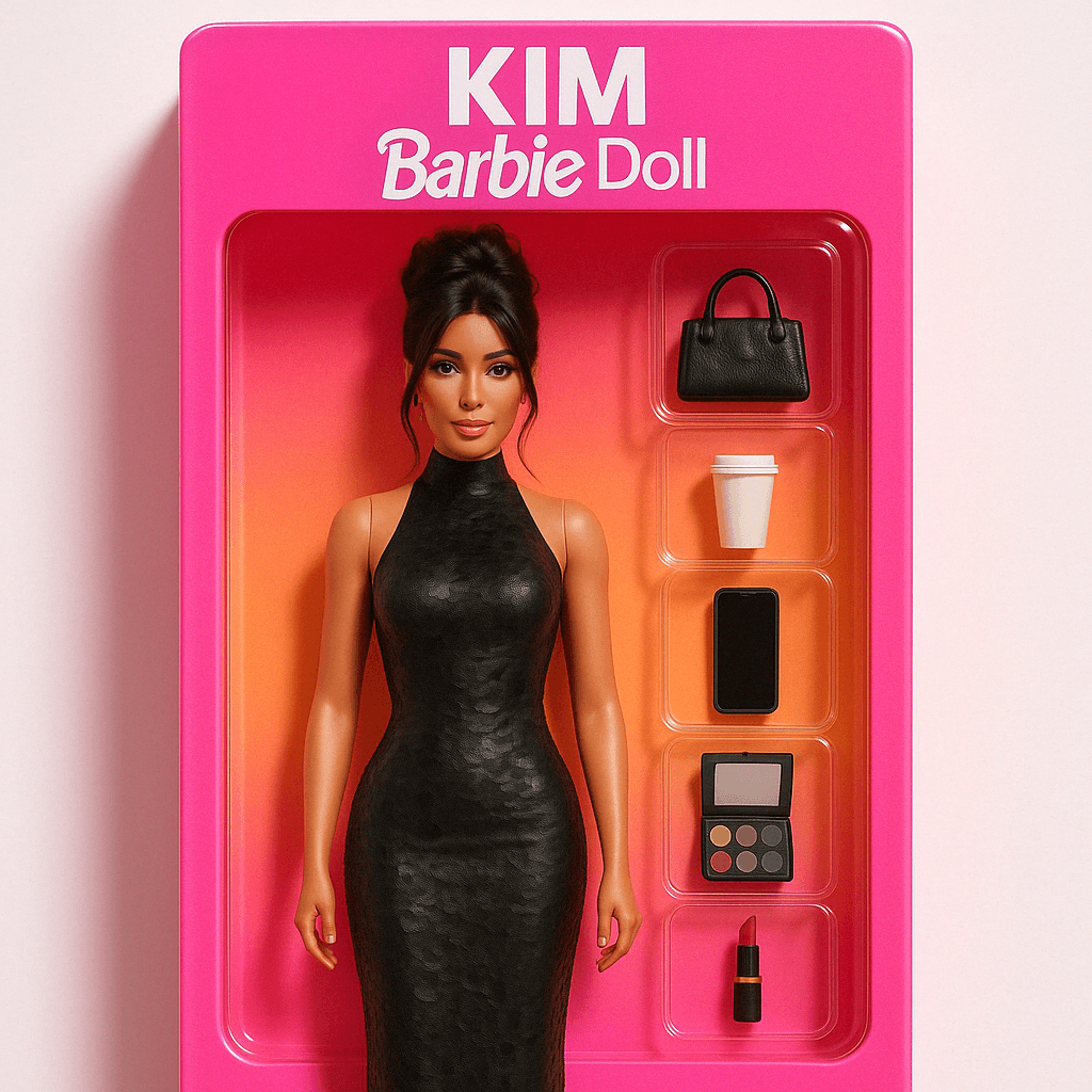 A cartoon-style image generated by Xole AI Cartoon Generator, showing a character named "Kim" as a Barbie doll in a pink box, dressed in a black gown. Accessories include a handbag, coffee cup, smartphone, makeup palette, and lipstick.