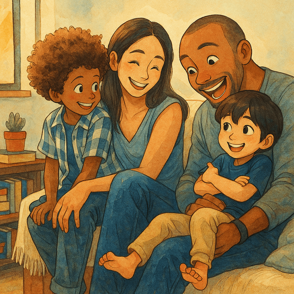 A Ghibli-style cartoon image generated by Xole AI Cartoon Generator, illustrating a warm and joyful family of four sitting on a couch. The illustration features soft tones and delicate lines, evoking the heartwarming atmosphere of a Studio Ghibli film.