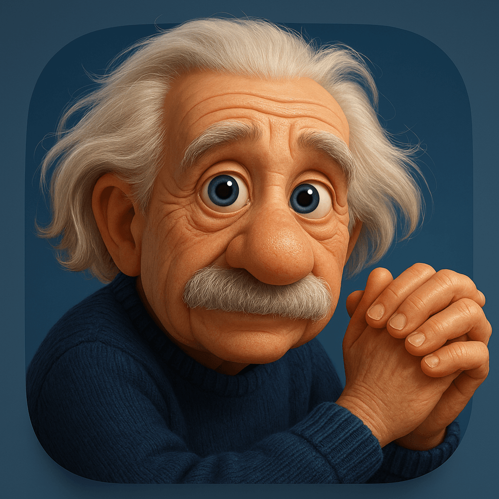 A Doll style image of Albert Einstein with folded hands, showcasing detailed textures and lifelike features.